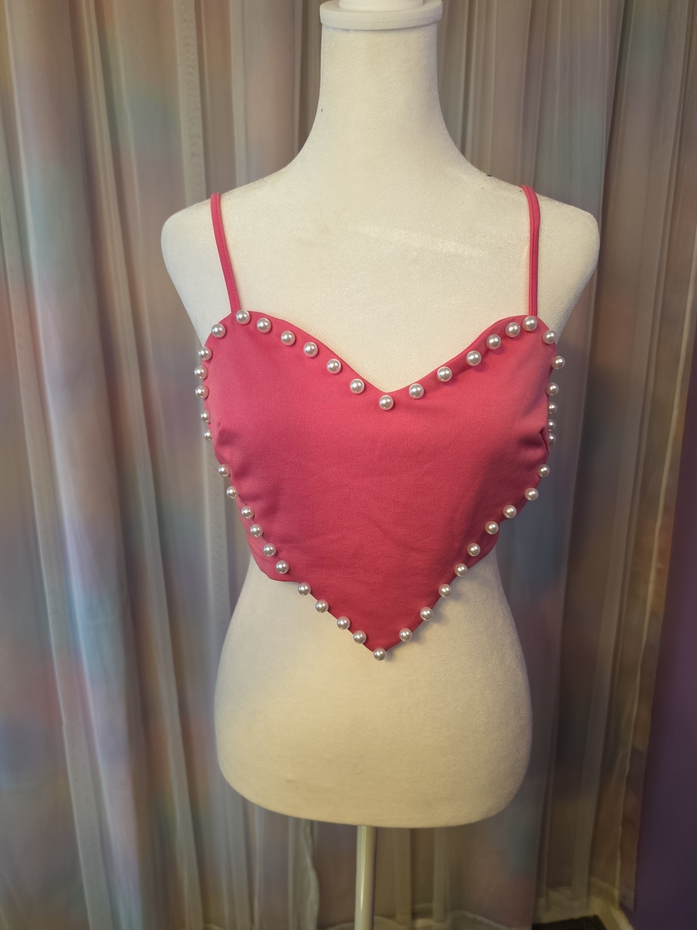 Schein Heart-Shaped Pearl-Trim Embellished Hot Pink Crop Top Camisole Size Large